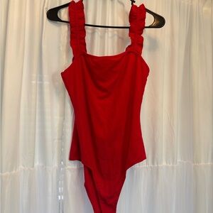 Le Lis Vibrant Red bodysuit with Ruffled Straps. Size Large